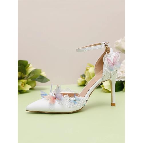 白色尖頭中空女涼鞋一字型腕帶彩色紗蝴蝶蕾絲水鉆森系細高跟女鞋
