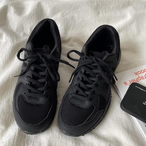 喜叔 全黑鞋子女軟底運動鞋ins超火百搭輕便跑步鞋新款透氣男女鞋