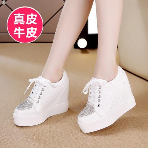 露姿百麗真皮內增高皮鞋春季蕾絲透氣厚底松糕休閑坡跟水鉆小白鞋