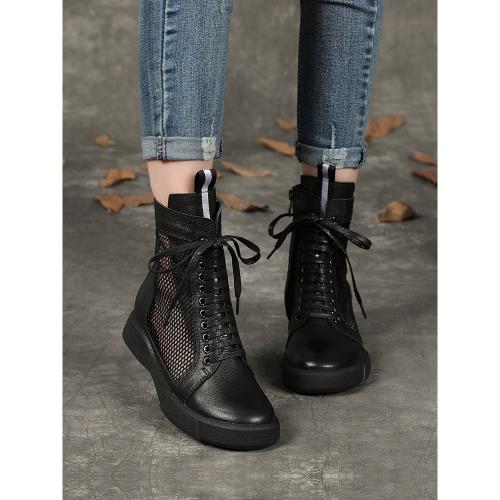 鏤空靴子女夏季真皮透氣平底馬丁靴網紗涼鞋女黑色大碼高幫洞洞鞋