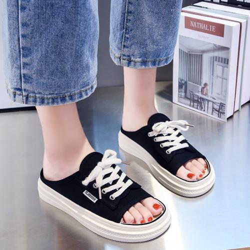 厚底帆布板鞋女夏2022新款學生無后跟系帶露趾百搭外穿ins潮涼拖