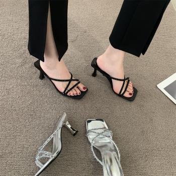 氣質水鉆涼拖拖鞋夏外穿法式仙女風配裙子銀色女鞋高跟鞋涼鞋女款