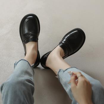 樂福鞋女春秋粗跟單鞋2023年低跟軟皮真皮一腳蹬英倫風小皮鞋秋款