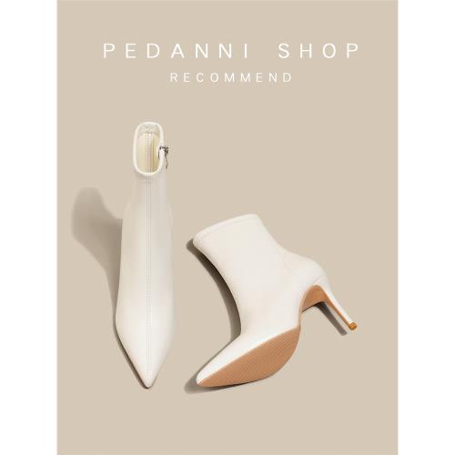 佩丹妮白色尖頭高跟短靴女細跟2025年時裝靴子女彈力瘦瘦靴裸靴女