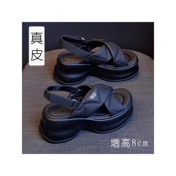 歐洲站鬆糕厚底交叉帶坡跟涼鞋