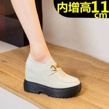 厚底11CM米色內增高坡跟小皮鞋