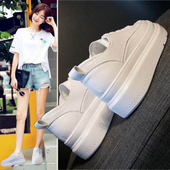 厚底小白鞋女2024新款秋季真皮韓版街拍百搭基礎透氣鬆糕內增高鞋
