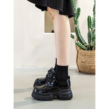 厚底松糕鞋2024春季新款內增高漆皮系帶單鞋女小皮鞋英倫風增高鞋