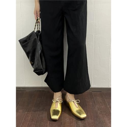 VANILLA MINA金色方頭單鞋女真皮低跟淺口法式系帶平底小眾奶奶鞋