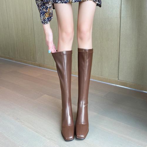 雙宋夫人棕色顯瘦彈力高筒騎士靴胖mm長筒靴女大筒圍咖啡粗腿長靴