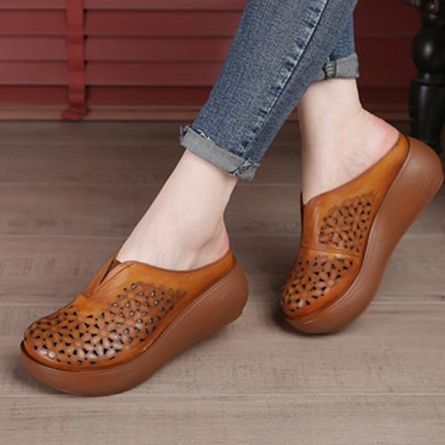 686夏軟底涼拖鞋厚底松糕鞋原創復古花朵手工鏤空真皮女鞋包頭