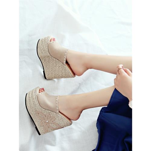 真皮拖鞋女夏外穿時尚超高跟坡跟厚底增高女士一字涼拖15CM高跟鞋