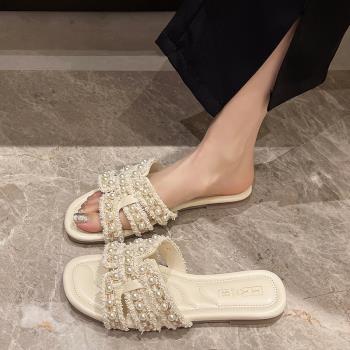 夏珍珠外穿仙女時尚平底沙灘拖鞋