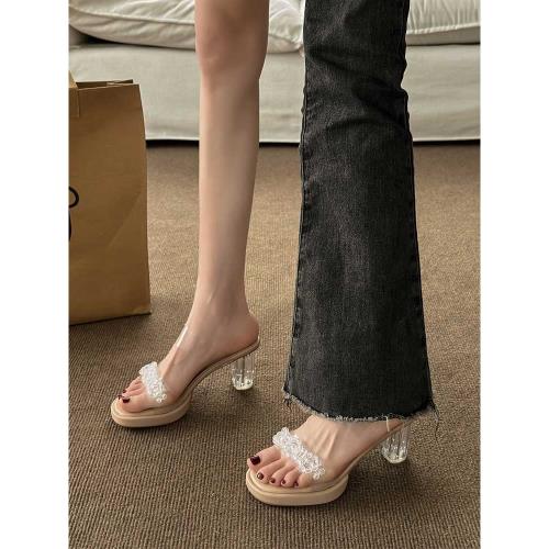 透明高跟涼鞋女夏季女鞋法式水晶粗跟小眾高級感水鉆涼拖鞋女外穿