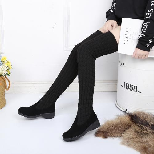 秋冬新款毛線過膝長靴女 兩穿彈力顯瘦長筒靴中跟平底瘦腿高筒靴