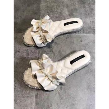 夏外穿時尚仙女風珍珠平底拖鞋