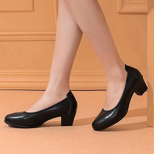 尋枝職業上班鞋軟底舒適中跟圓頭工作鞋女黑色真皮防滑酒店工裝鞋