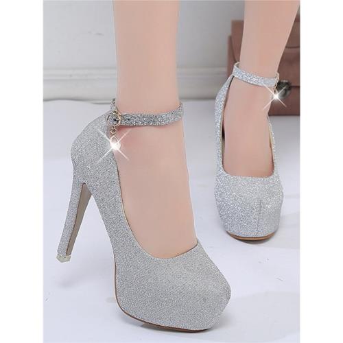 12CM配旗袍走秀演出高跟鞋粗跟舞臺禮儀防水臺金色婚鞋模特女單鞋