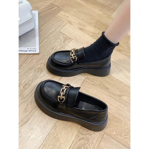 英倫風小皮鞋女2025春季新款學院厚底樂福鞋赫本風圓頭一腳蹬單鞋