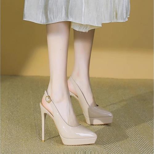 12cm包頭尖頭超高跟鞋防水臺細跟一字扣帶涼鞋女夏季性感裸色13cm