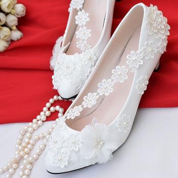 中跟蕾絲珍珠繡花婚鞋手工白色新娘結婚鞋子伴娘鞋宴會禮服鞋演出