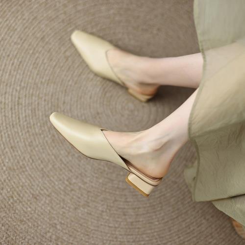 半包頭穆勒涼拖鞋女夏外穿2025新款方頭中跟單鞋女