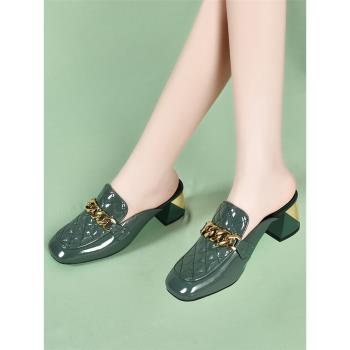 夏真皮外穿中跟時尚半包頭拖鞋