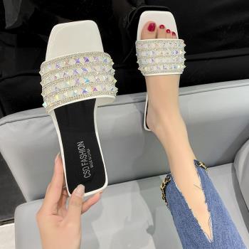 小香風女夏ins潮平底珍珠拖鞋