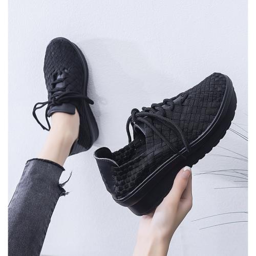 春夏季厚底系帶女士搖搖鞋手工編織鞋皮筋鞋運動鞋女鞋休閑增高鞋