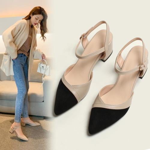 小香風拼色尖頭中跟四季鞋顯瘦包頭拼色粗跟涼鞋小碼鞋31 32 33