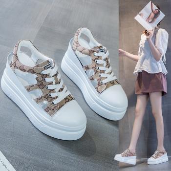 夏季帆布鞋女2024新款8cm鏤空鞋子女厚底透氣豹紋坡跟內增高女鞋