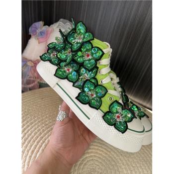 一池星河原創手工重工鞋單鞋帆布鞋女平底系帶球鞋水晶鉆學生鞋潮