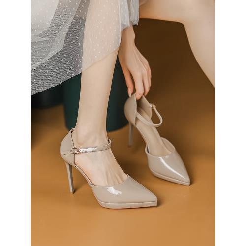 裸色高跟鞋女夏法式10公分中空一字扣帶不掉跟包頭涼鞋防水臺單鞋