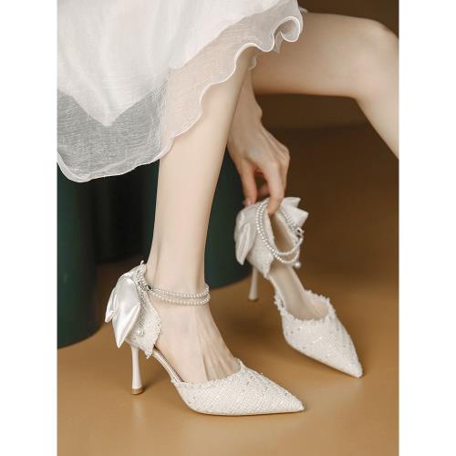 高跟鞋女細跟夏新款珍珠一字扣帶蝴蝶結白色包頭涼鞋網紅中空單鞋