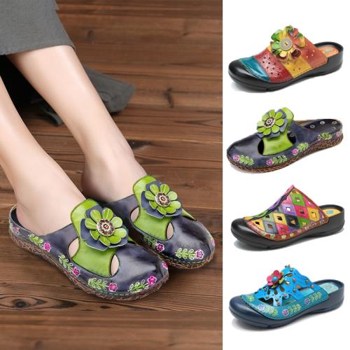 送運險真皮包頭拖鞋軟底夏季花朵民族風女鞋拼色彩色平底大碼涼鞋