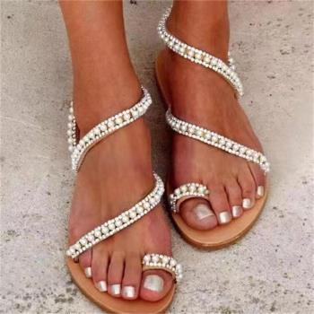 女鞋平底水鉆涼鞋women flat sandals beach shoes big size 43