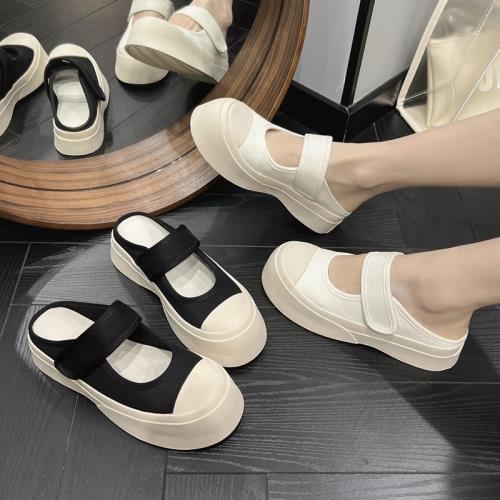 半拖板鞋法式瑪麗珍趙露思同款丑萌大頭厚底涼鞋帆布小白鞋半拖鞋