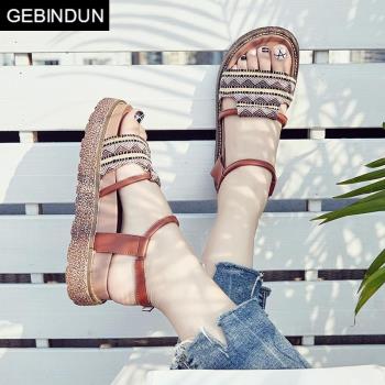 GEBINDU歐洲站波西米亞涼鞋女2024新款夏季厚底民族風鬆糕平底沙