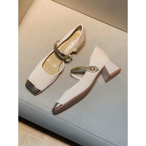 小香風法式方頭粗跟單鞋女2025年新款一字帶米白色拼接復古高跟鞋