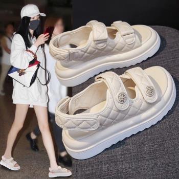 真皮小香風魔術貼百搭運動涼鞋