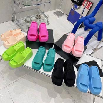厚底拖鞋女夏季新款方頭拖鞋女外貿大碼簡約坡跟沙灘外穿涼拖鞋女