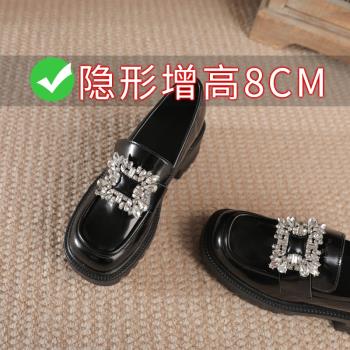 厚底樂福鞋2023秋新款水鉆內增高小碼黑色小皮鞋小個子單鞋女粗跟