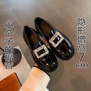 內增高樂福鞋女2023秋冬加絨水鉆方扣粗跟厚底小皮鞋小碼3233單鞋