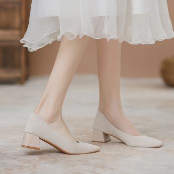 仙女真皮法式淺口夏季高跟鞋