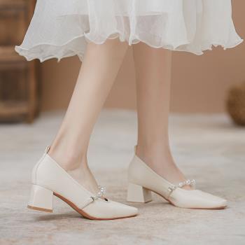 真皮瑪麗珍女鞋2023新款淺口方頭法式復古高跟鞋仙女風粗跟單鞋女