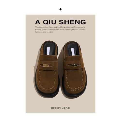 復古真皮包頭拖女外穿2025年新款圓頭休閑磨砂皮一腳蹬厚底穆勒鞋