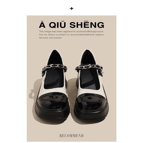 厚底瑪麗珍鞋女2025春季新款小香風拼色粗跟單鞋松糕底圓頭小皮鞋