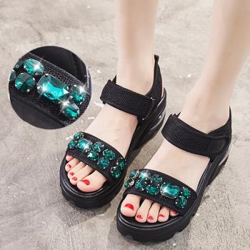 女夏氣墊厚底水鉆休閑運動涼鞋