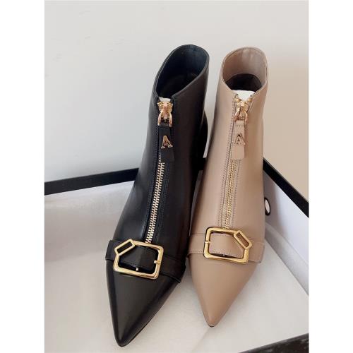 千佰莉小眾單靴真皮歐美尖頭短靴女2024秋冬細跟短筒靴時裝高跟靴