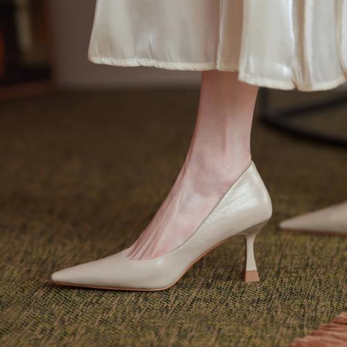 軟軟軟！2023春夏歐美尖頭細跟裸色高跟鞋工作真皮百搭女單鞋